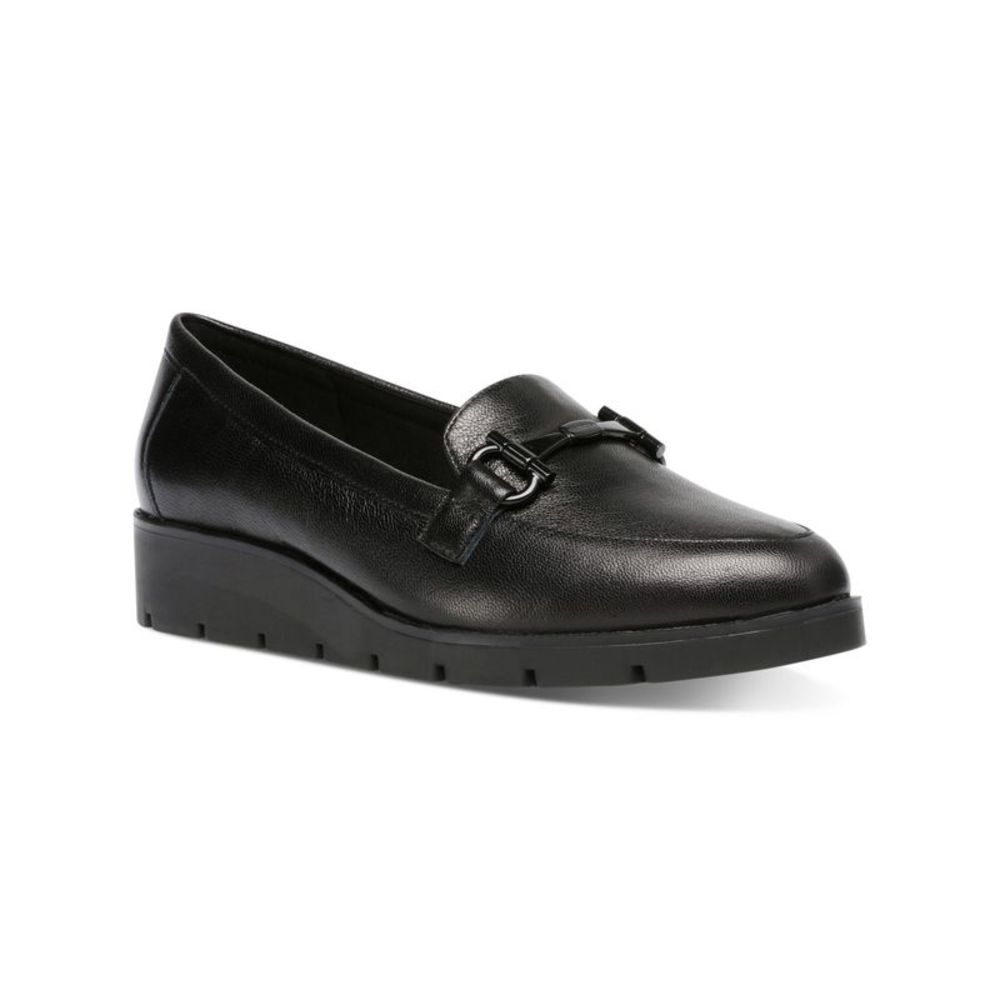 ANNE KLEIN Womens Black Lalita Round Toe Wedge Slip On Leather Loafers 1…